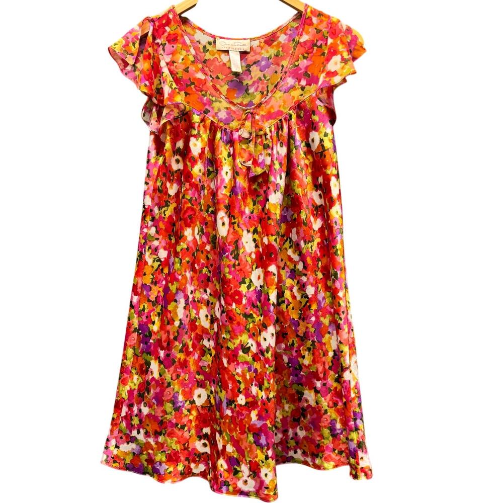 Oscar de la Renta Nightgown Womens Small Pink Label Satin Floral Chemise Vintage